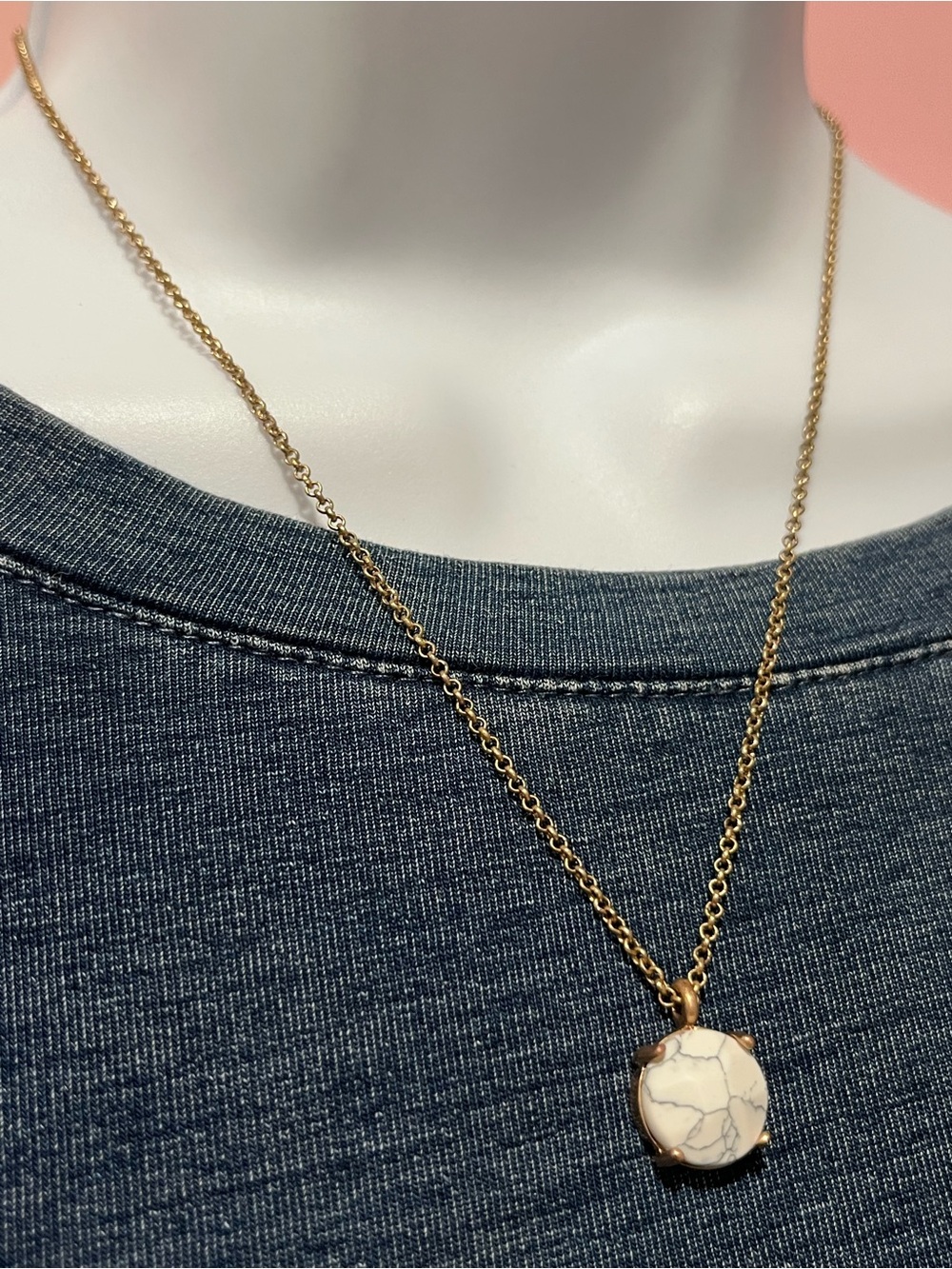 Howlite Gold Pendant Necklace with White Stone - Elegant Women's Jewelry